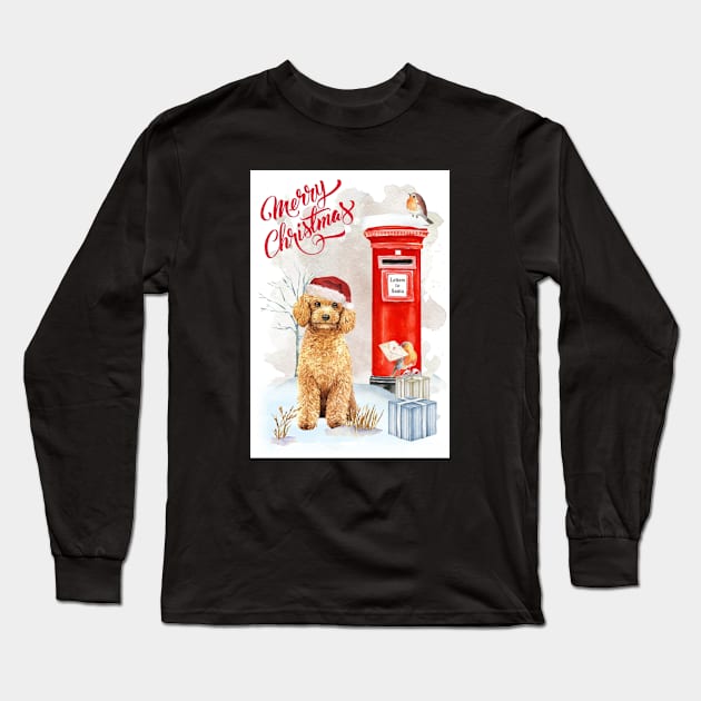 Apricot Poodle Merry Christmas Santa Dog Long Sleeve T-Shirt by Puppy Eyes